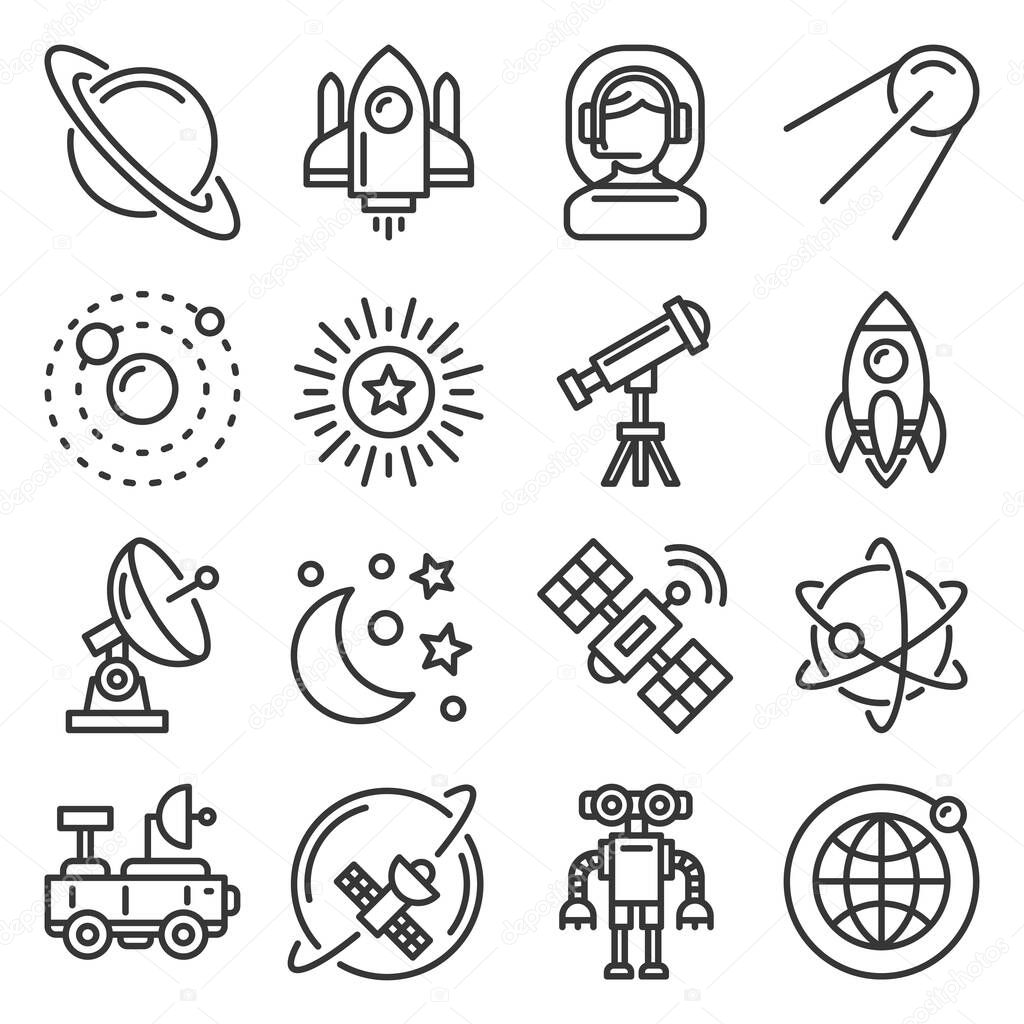 Space Universe Research Icons Set. Stars and Starships