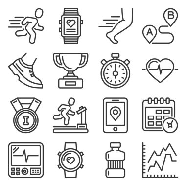 Beyaz Arkaplanda Koşu ve Spor Simgeleri Ayarlandı. Vektör