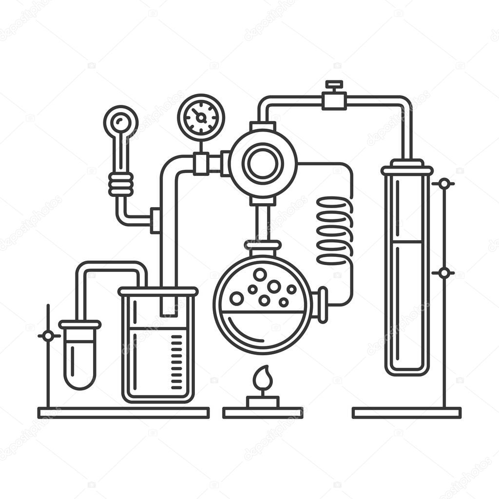 Chemistry Laboratory Infographic with Some Reaction. Line Style Vector