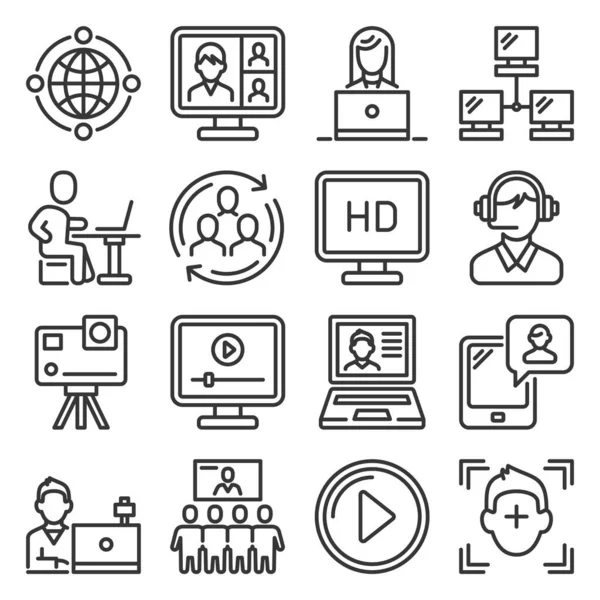 Видеоконференции и набор иконок для онлайн-встреч. Вектор — стоковый вектор