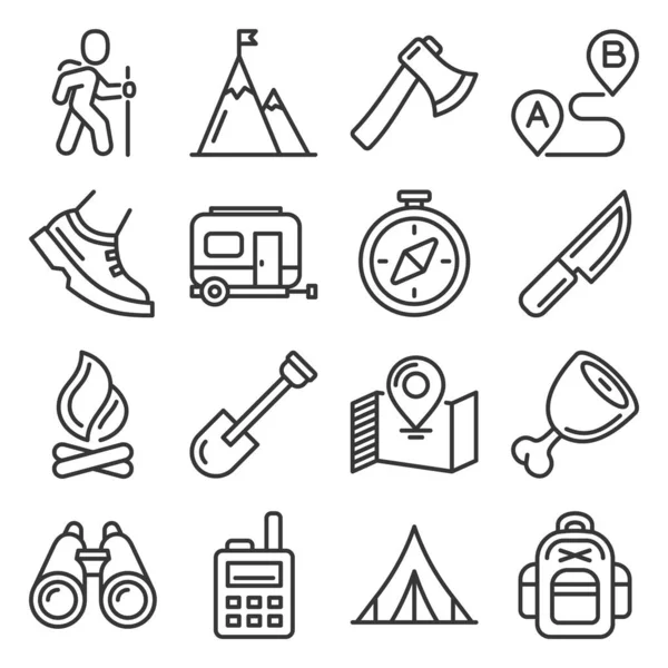 Conjunto de iconos de senderismo, camping y recreación. Vector — Vector de stock