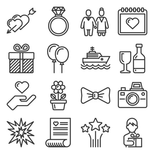 Wedding and Honeymoon Icons Set on White Background. Line Style Vector — Stock Vector