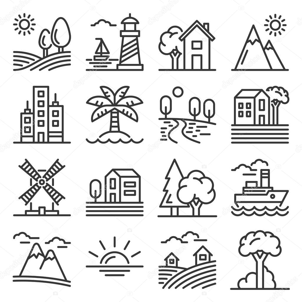 Landscape Set. Hill, Field and Trees Icons. Vector