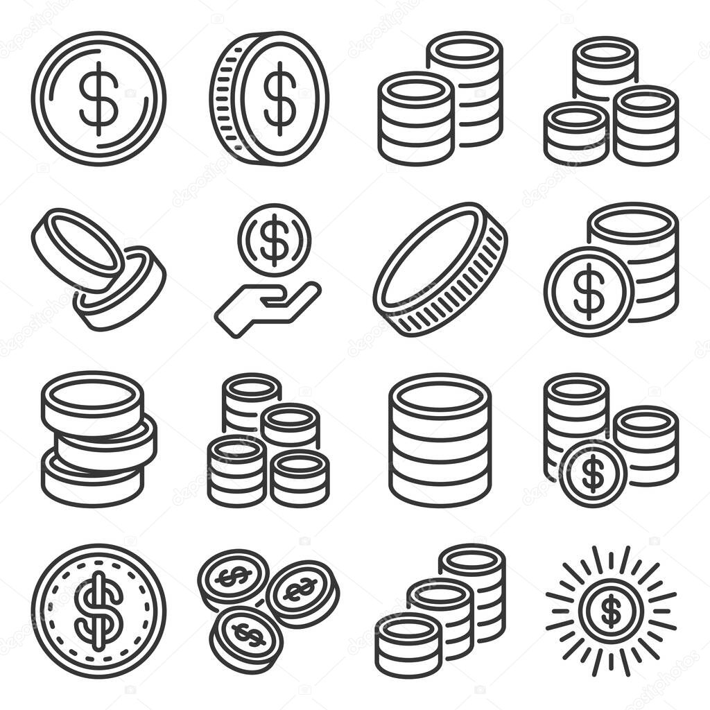 Coins Icons Set on White Background. Vector