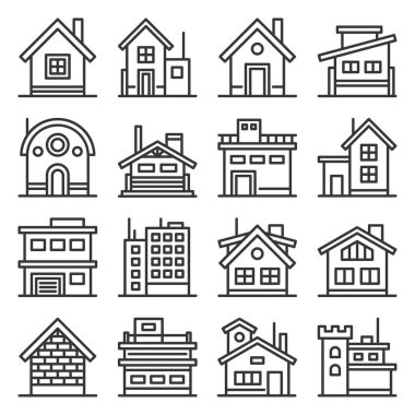 Home ve House Buildings Icons Set. Satır Biçimi Vektörü