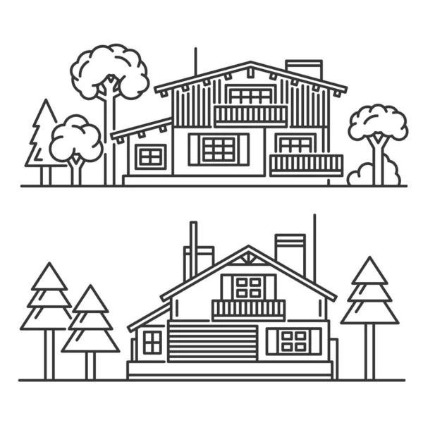 Chalet with Trees Icons Set on White Background. Vector — Stock Vector