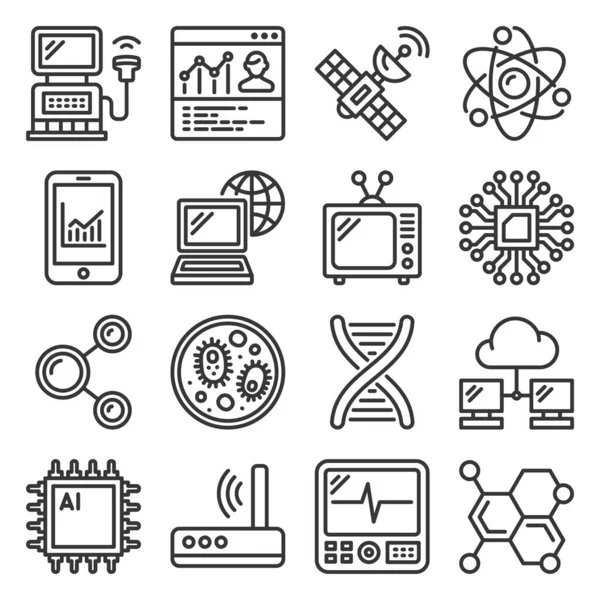 Icônes technologiques et scientifiques sur fond blanc. Vecteur — Image vectorielle