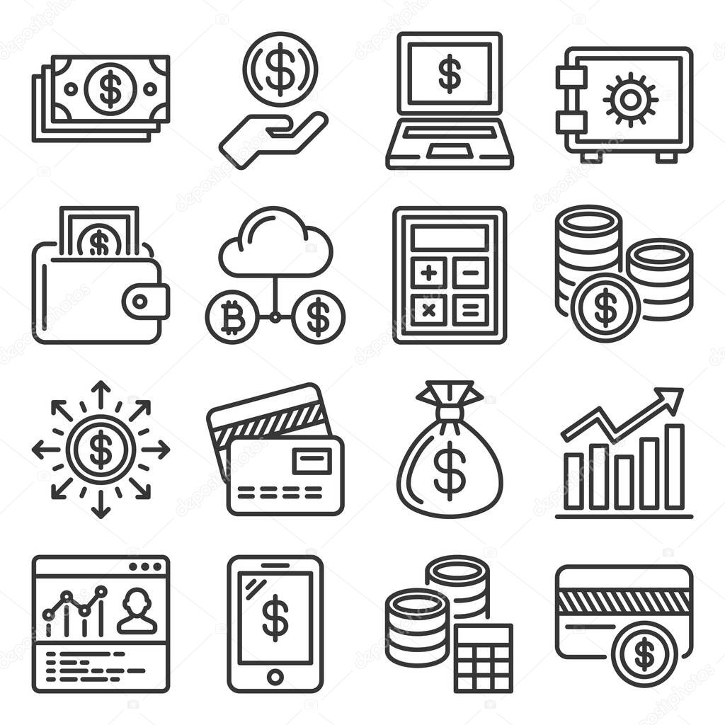 Financial and Investment Icons Set on White Background. Vector