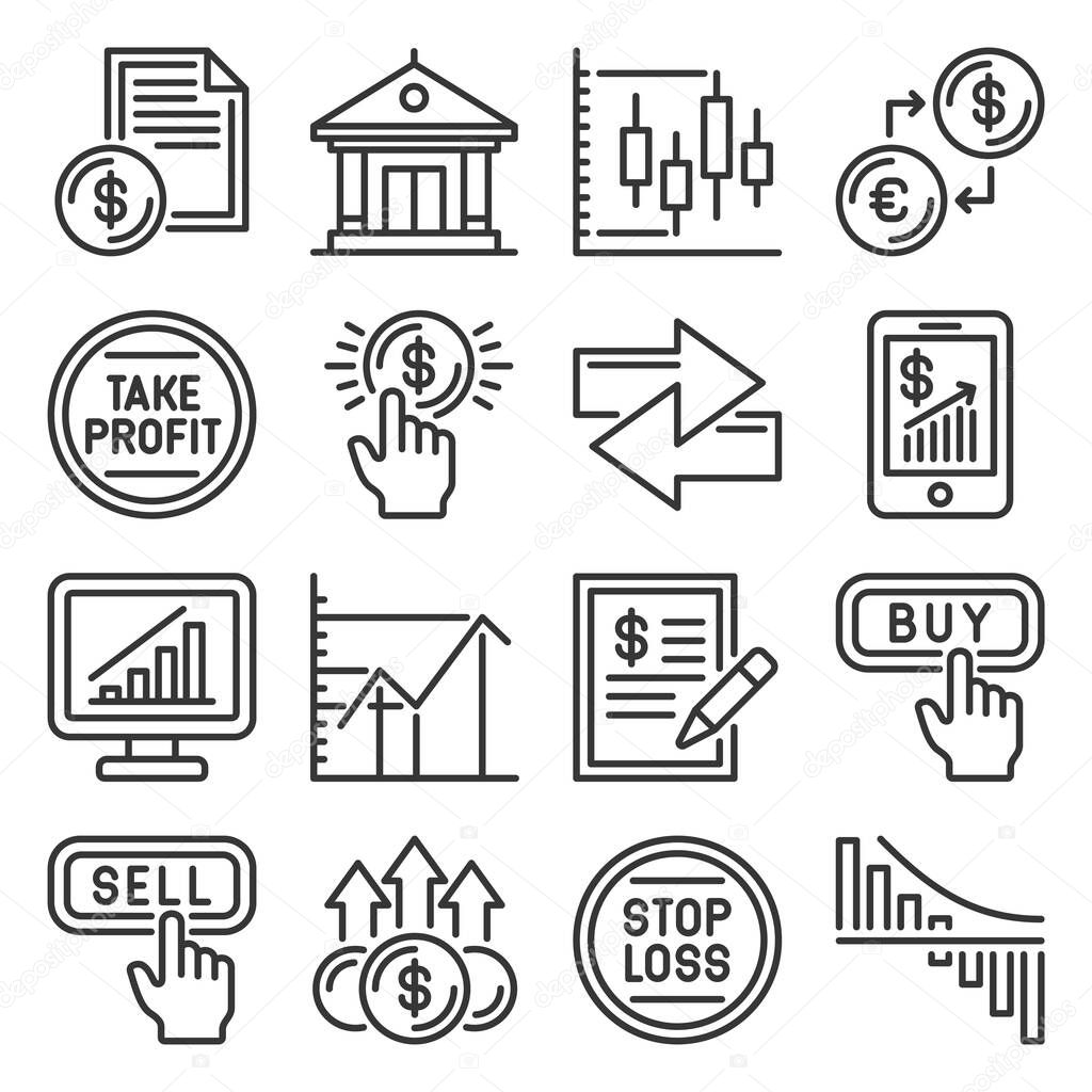 Stock Market, Exchange and Finance Trading Icons Set. Vector