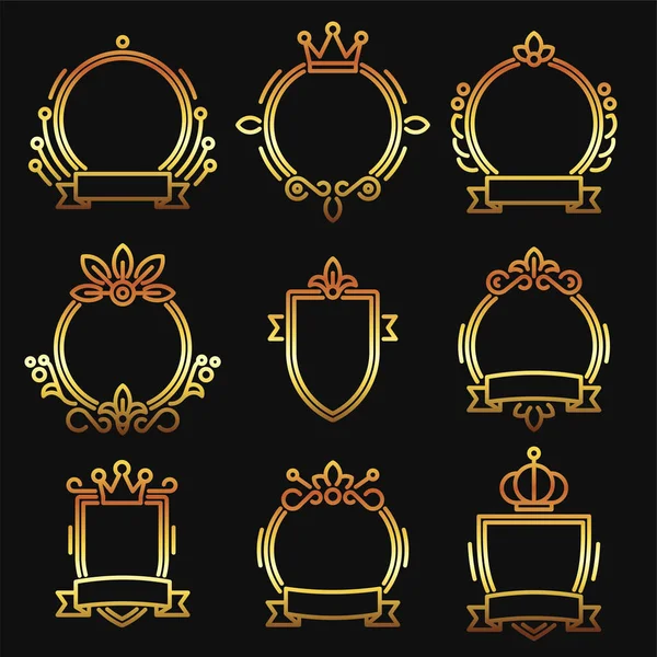 Gold Heraldic Baroque Frame Set on Black Background. Line Style Vector — Stock Vector