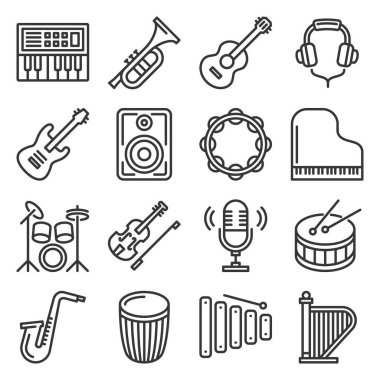 Beyaz Arkaplanda Müzik Enstrümanları Simgeleri Ayarlandı. Vektör