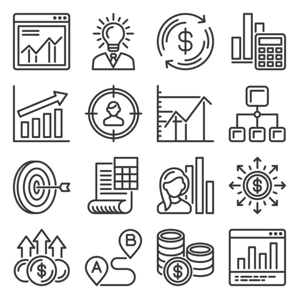 Plano de negócios e conjunto de ícones de planejamento. Vetor —  Vetores de Stock