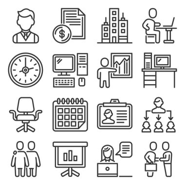 Ofis Simgeleri Beyaz Arkaplanda Ayarlandı. Satır Biçimi Vektörü