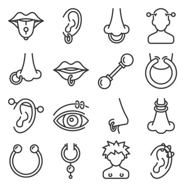 Vücut Piercing ve Piercings Mücevher Simgeleri Set. Vektör