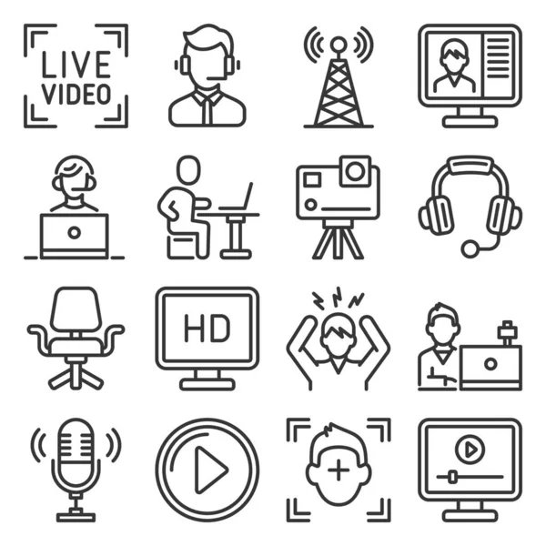 Εικονίδια Vlogging, Video Production και Stream Set. Βίντεο — Διανυσματικό Αρχείο