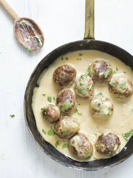 Primer Plano Albóndigas Suecas Rústicas Una Sartén —  Fotos de Stock