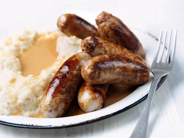 Close Rustic English Pub Grub Bangers Mash — Stock Photo, Image