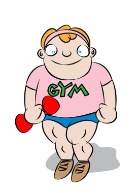 Okulun spor salonu vektör illüstrasyonundaki sevimli, tombul beyaz çocuk.