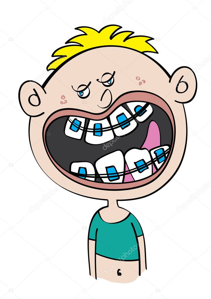 funny white boy with dental braces cartoon