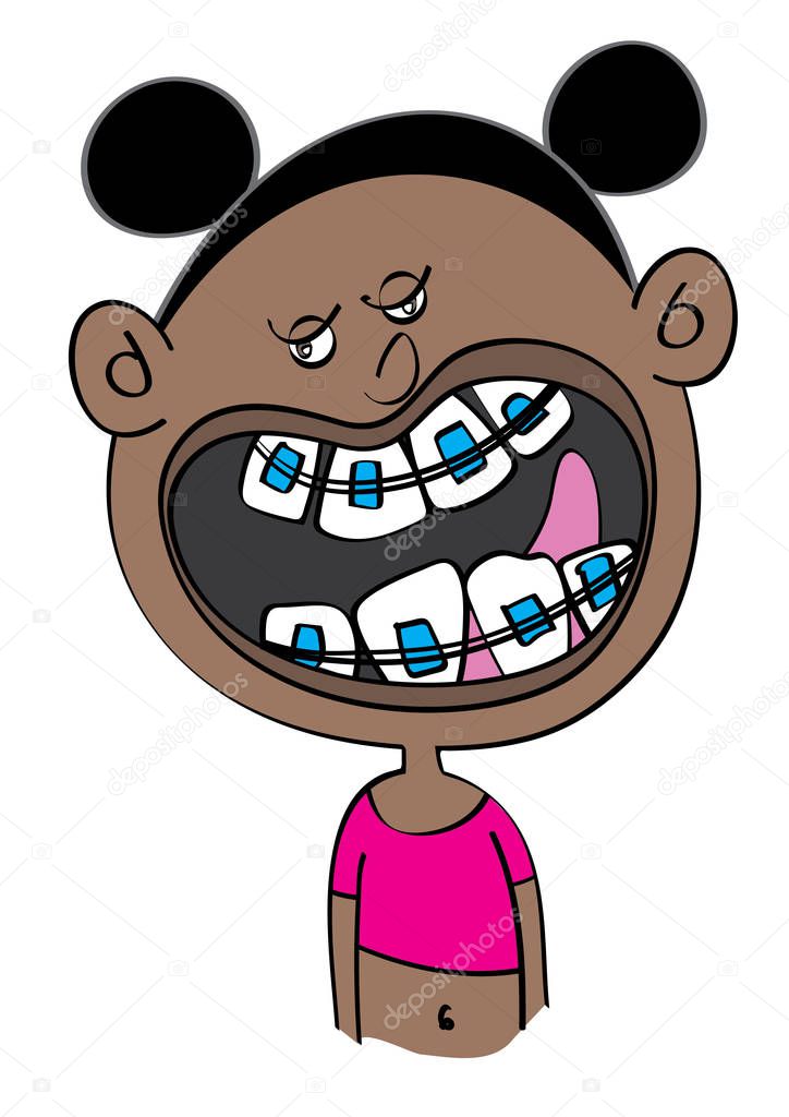 funny black girl with dental braces cartoon