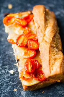 Kırsal kırmızı kirazlı domatesli ve peynirli sandviçi kapat.