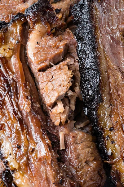 Primer Plano Rústico Americano Barbacoa Carne Brisket Alimentos Fondo —  Fotos de Stock