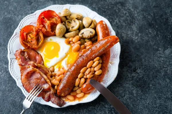 Närbild Tallrik Rustik Full Engelsk Frukost — Stockfoto