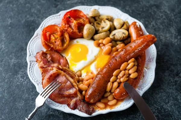 Närbild Tallrik Rustik Full Engelsk Frukost — Stockfoto