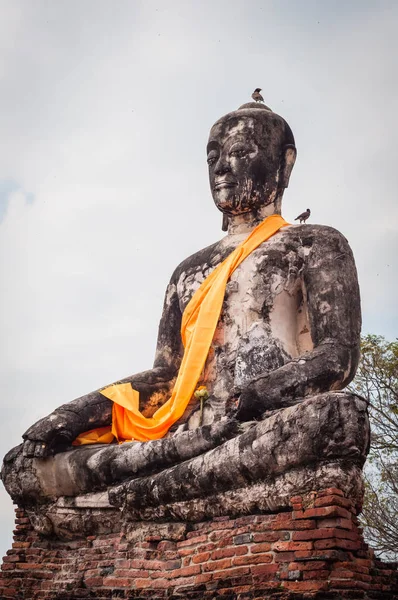 Buddha Statue Ayutthaya Auf Bewölktem Himmel Antike Stadt Thailand — Stockfoto