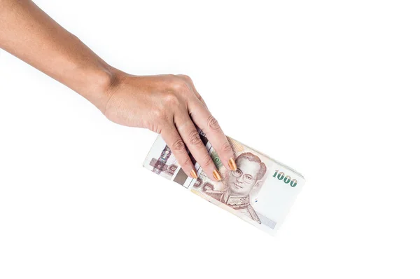 Kvinnelig Håndholdt Pengehaug Hvit Bakgrunn – stockfoto