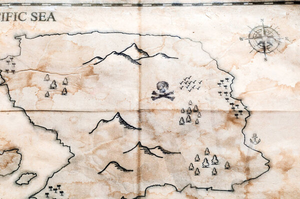 old map with trees, mountains and wind rose