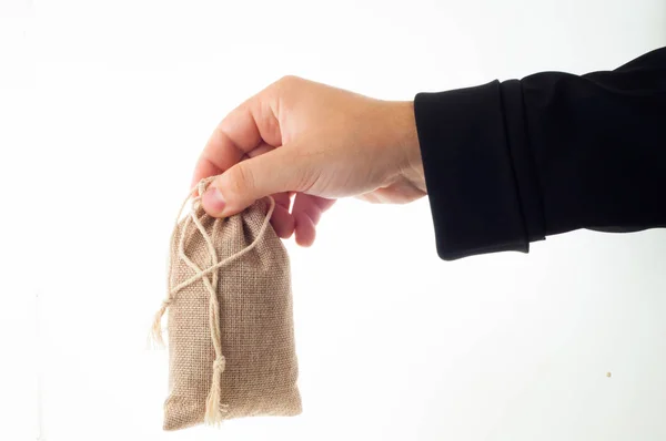 Male Hand Holding Sack Isolated White Background — Stock Photo, Image