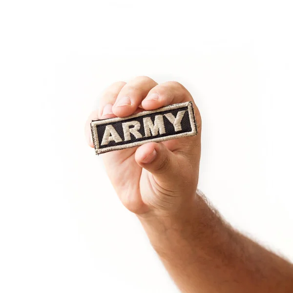 Male Hand Holding Patch Word Army Isolated White Background — Stock Photo, Image