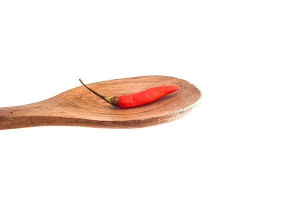 Close Pepper Chili Wooden Spoon Isolated White Background — Stock Photo, Image