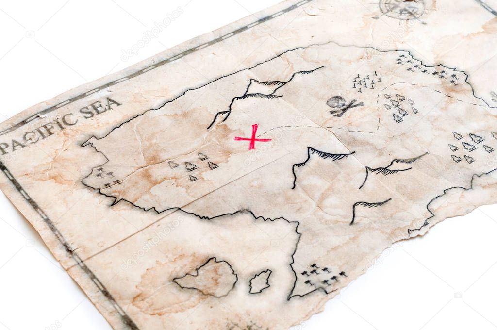 old map with treasure sign isolated on white background 