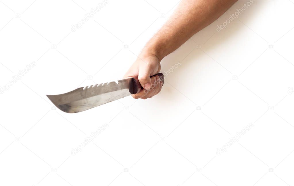 close up of male hand holding knife isolated on white background