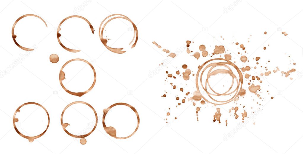Coffee round stains and blots on white background 