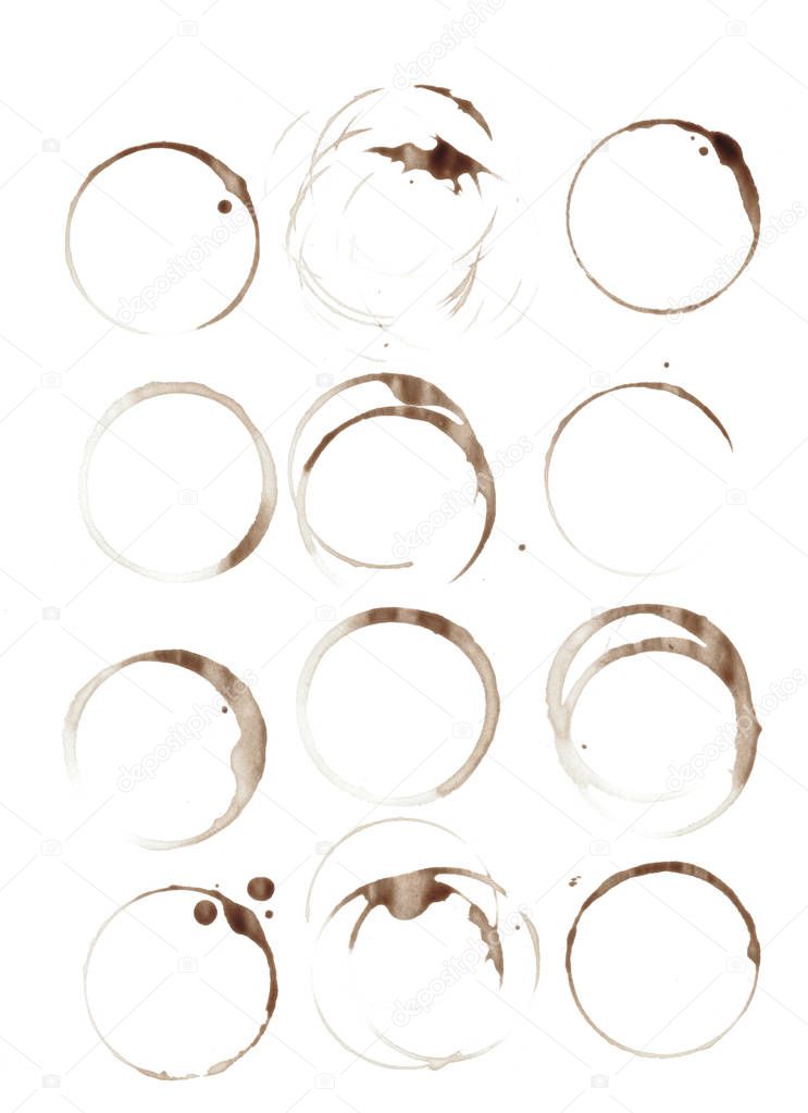 Coffee round stains and blots on white background 