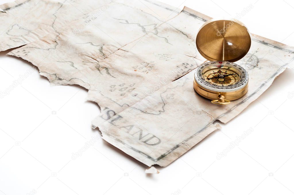 Compass and map of island isolated on white background 