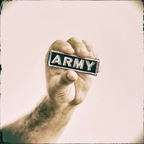 Male Hand Holding Patch Word Army Isolated White Background — Stock Photo, Image