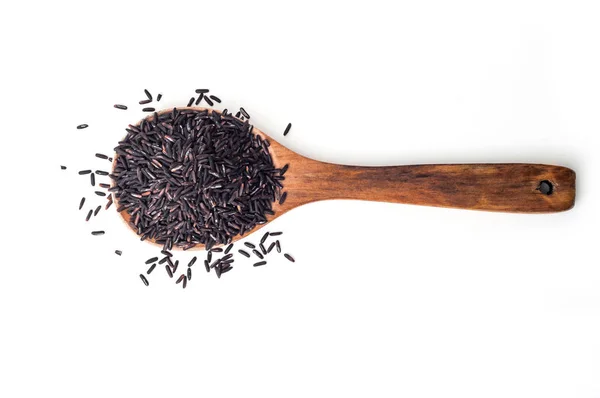 Top View Uncooked Black Rice Wooden Spoon Isolated White Background — Stock Photo, Image