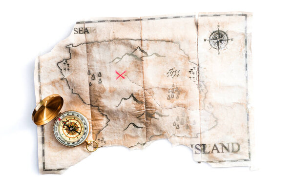 Compass and map of island with treasure sign 