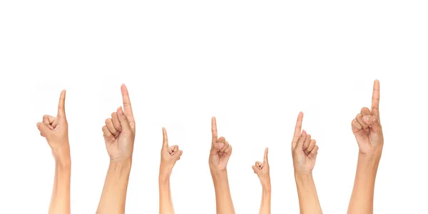 Weibliche Finger Zeigen Vereinzelt Nach Oben Auf Weißem Hintergrund — Stockfoto