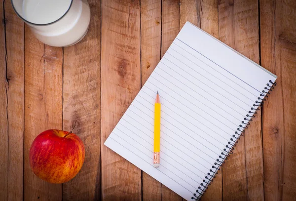 Notebook Pencil Red Apple Glass Milk Wooden Background Stock Photo