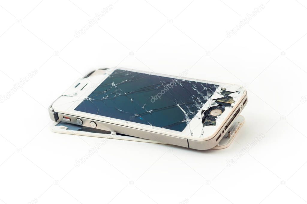 crashed smartphone isolated on white background