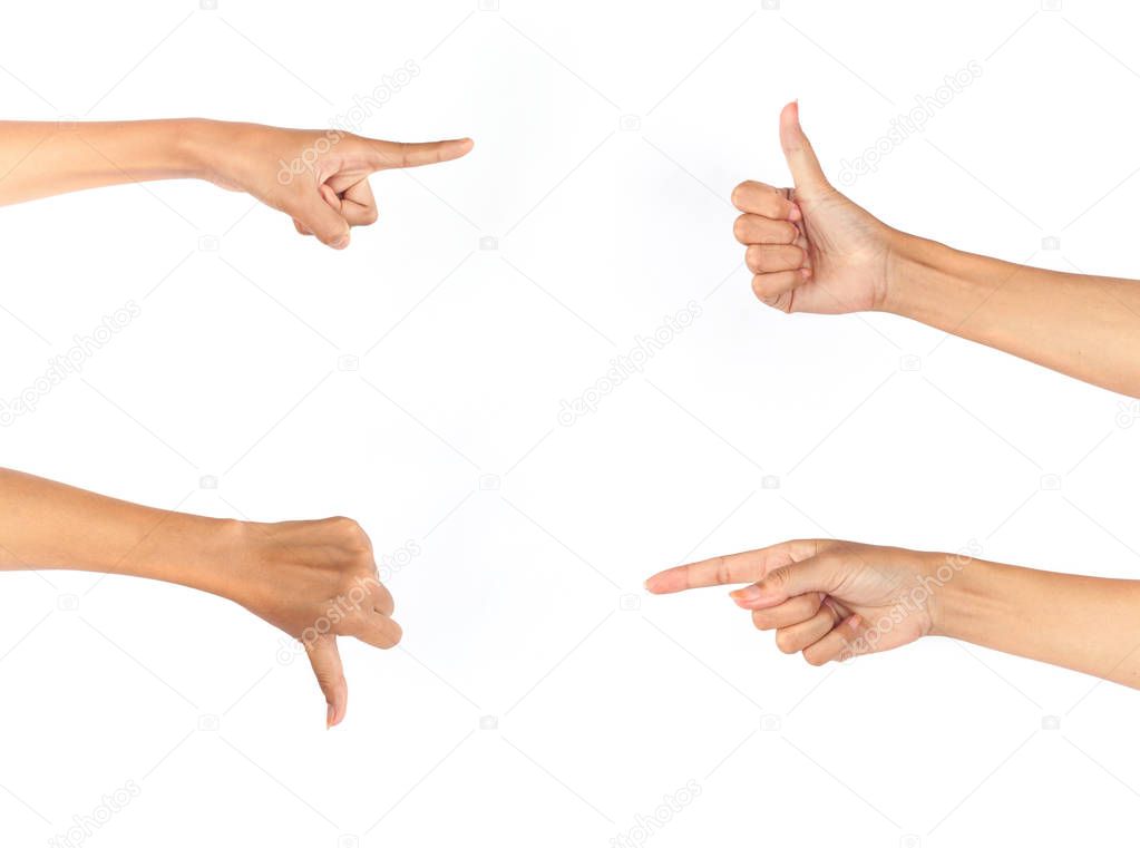 female hands showing different gestures isolated on white background