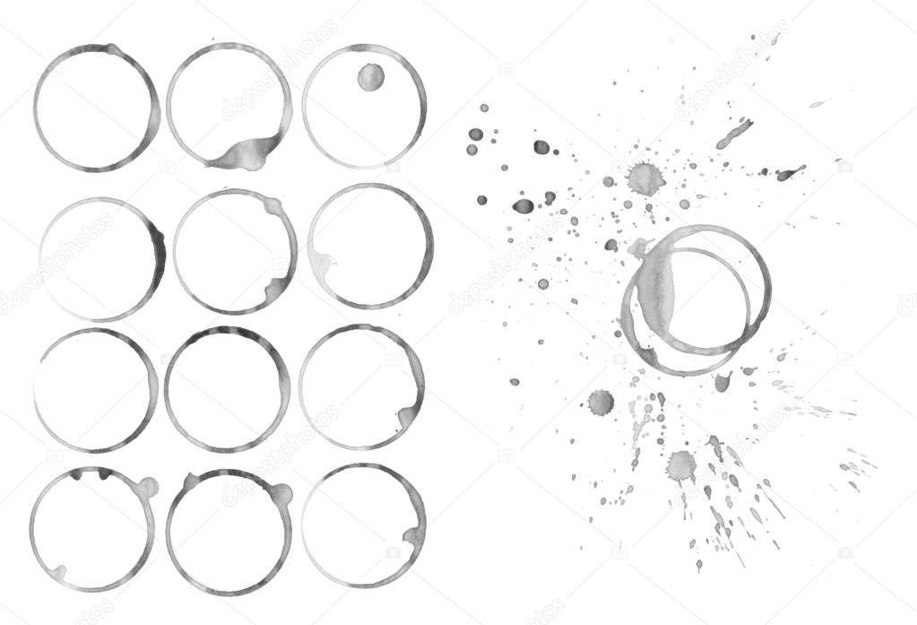 Coffee round stains and blots on white background 
