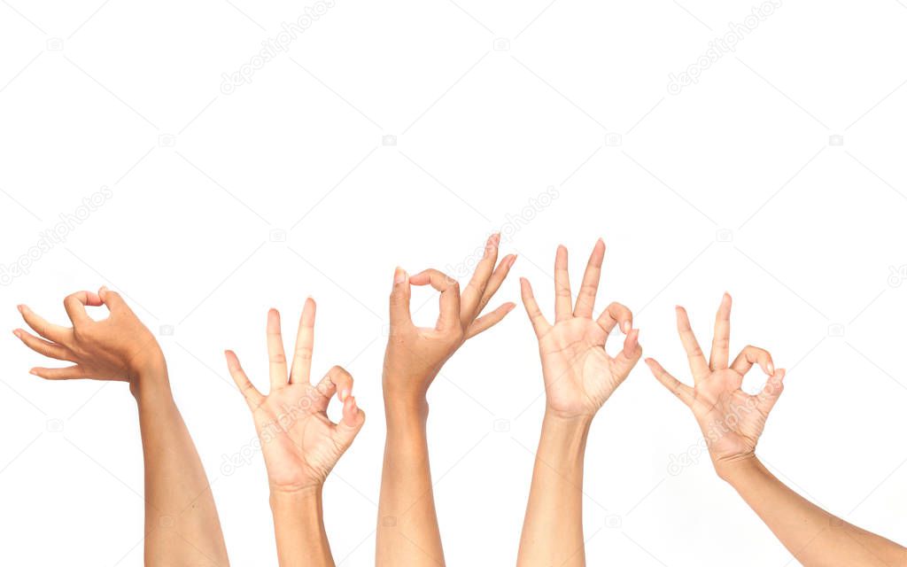 female hands showing OK gestures isolated on white background