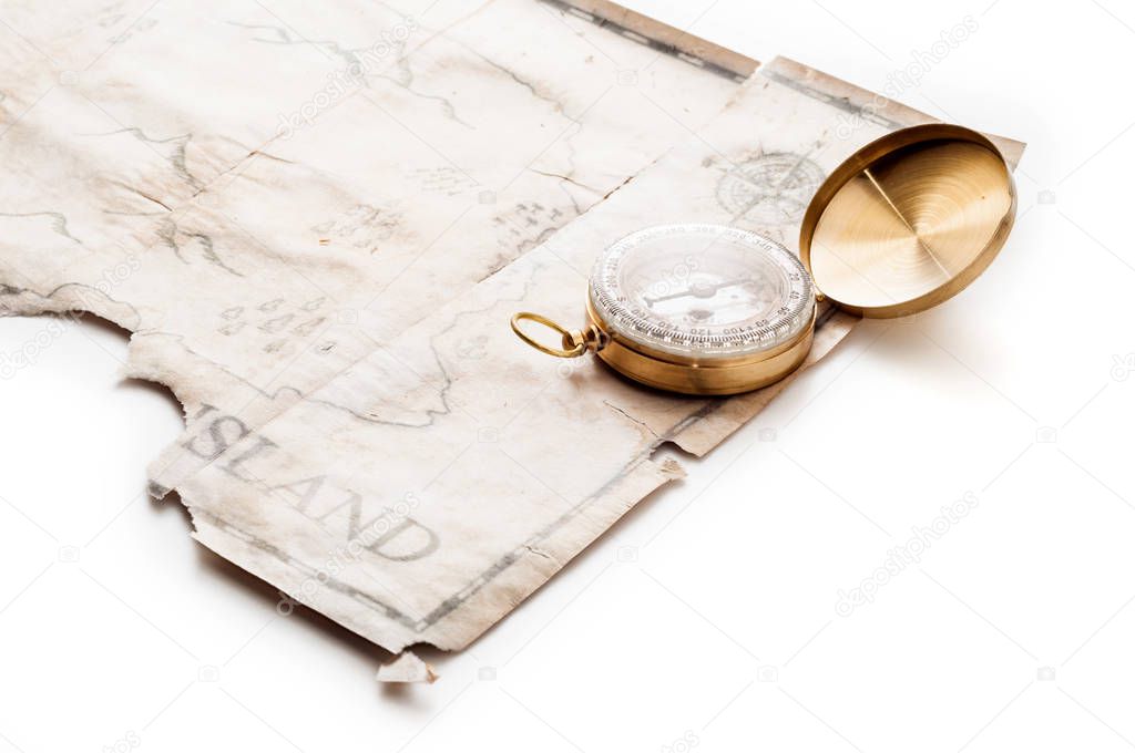 Compass and map of island isolated on white background 