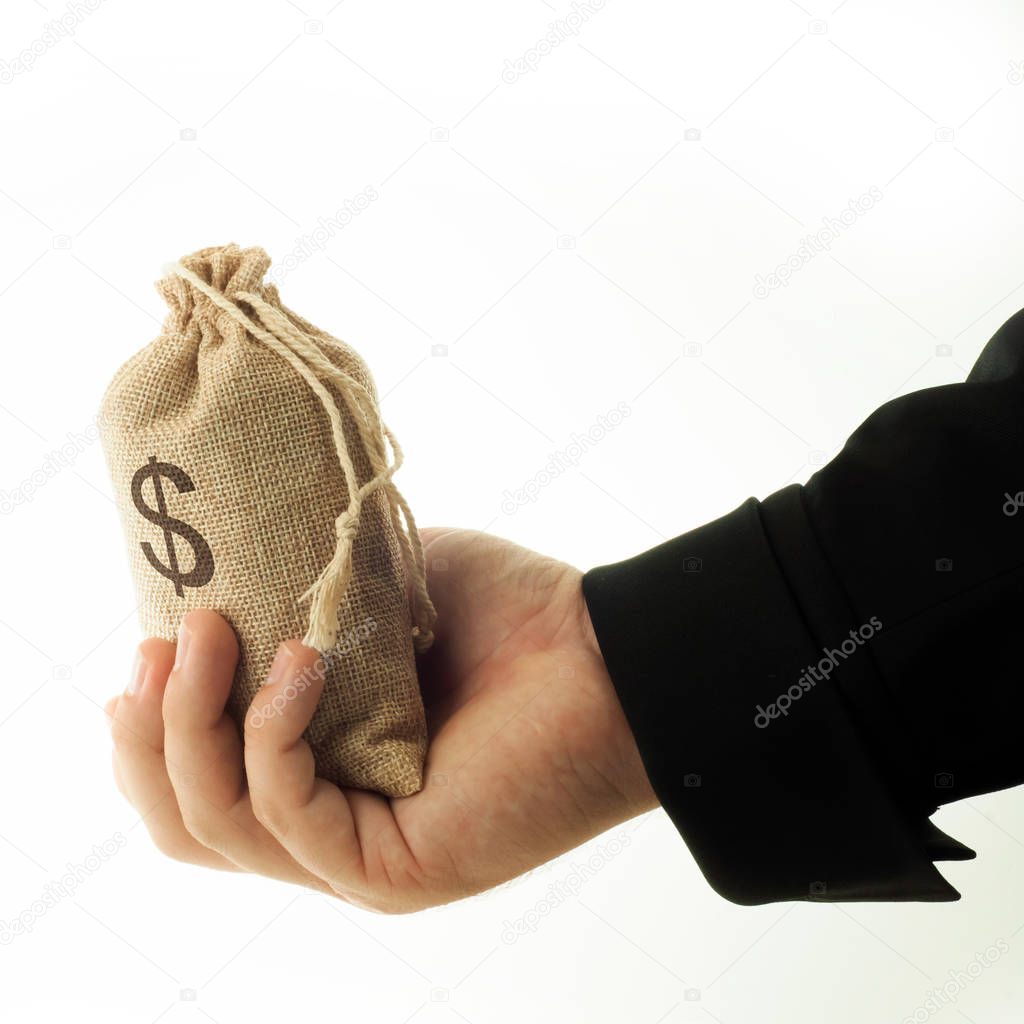 male hand holding money bag isolated on white background